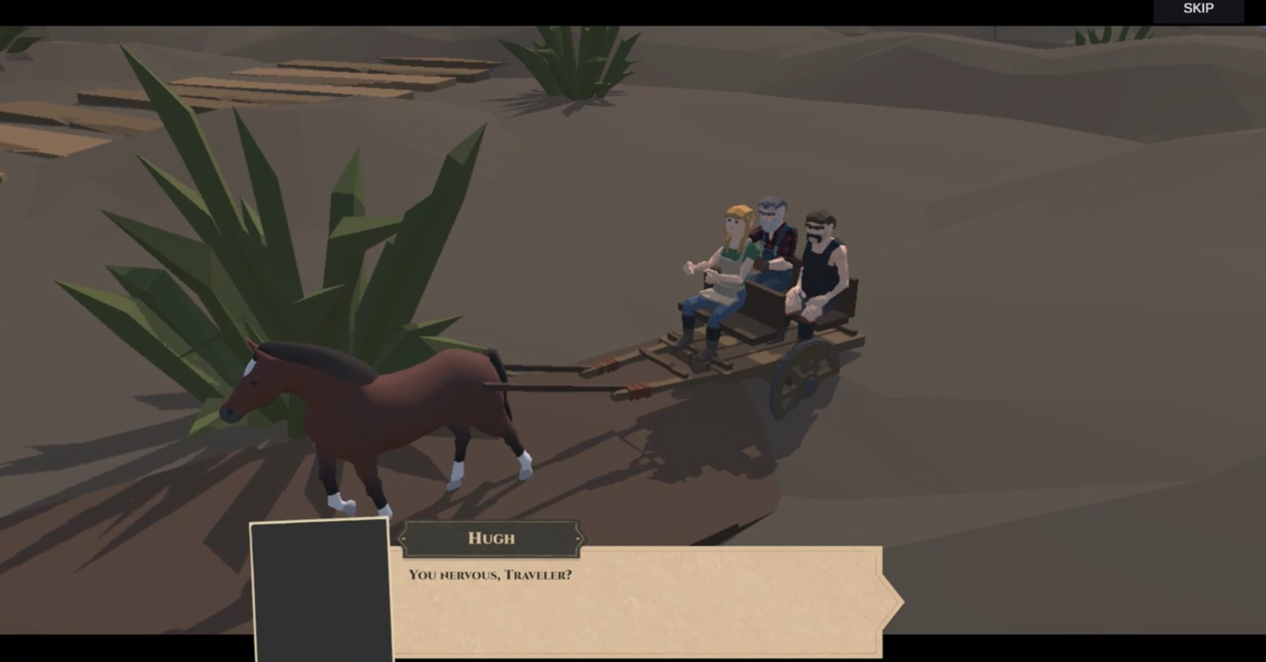 Three travelers ride together in a horse-drawn cart in an early game scene