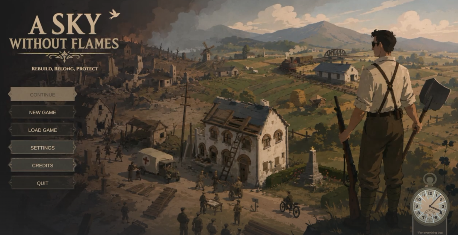 A Sky Without Flames concept screen: a traveler overlooks a village and countryside