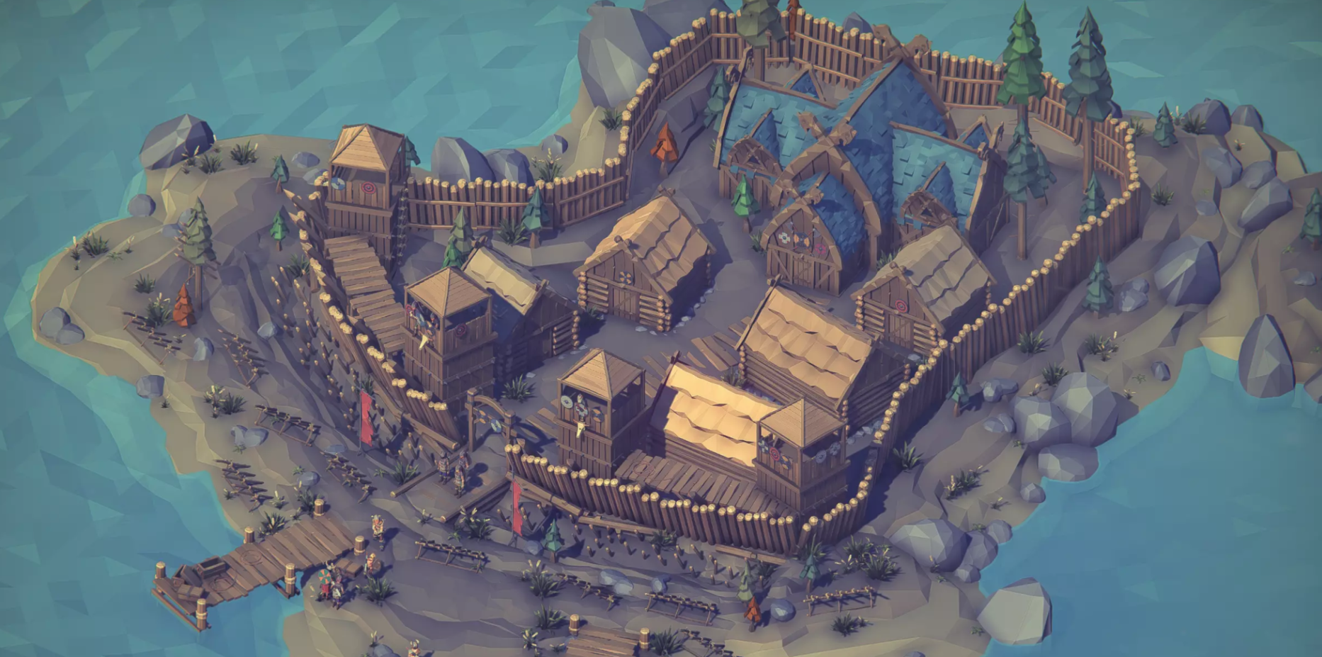 An overhead view of a timber settlement on a rocky island